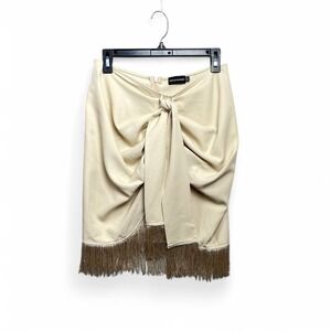 Western Cream Ruched Fringe Tie Front Mini Skirt 8 Boho Cowgirl Rodeo Festival